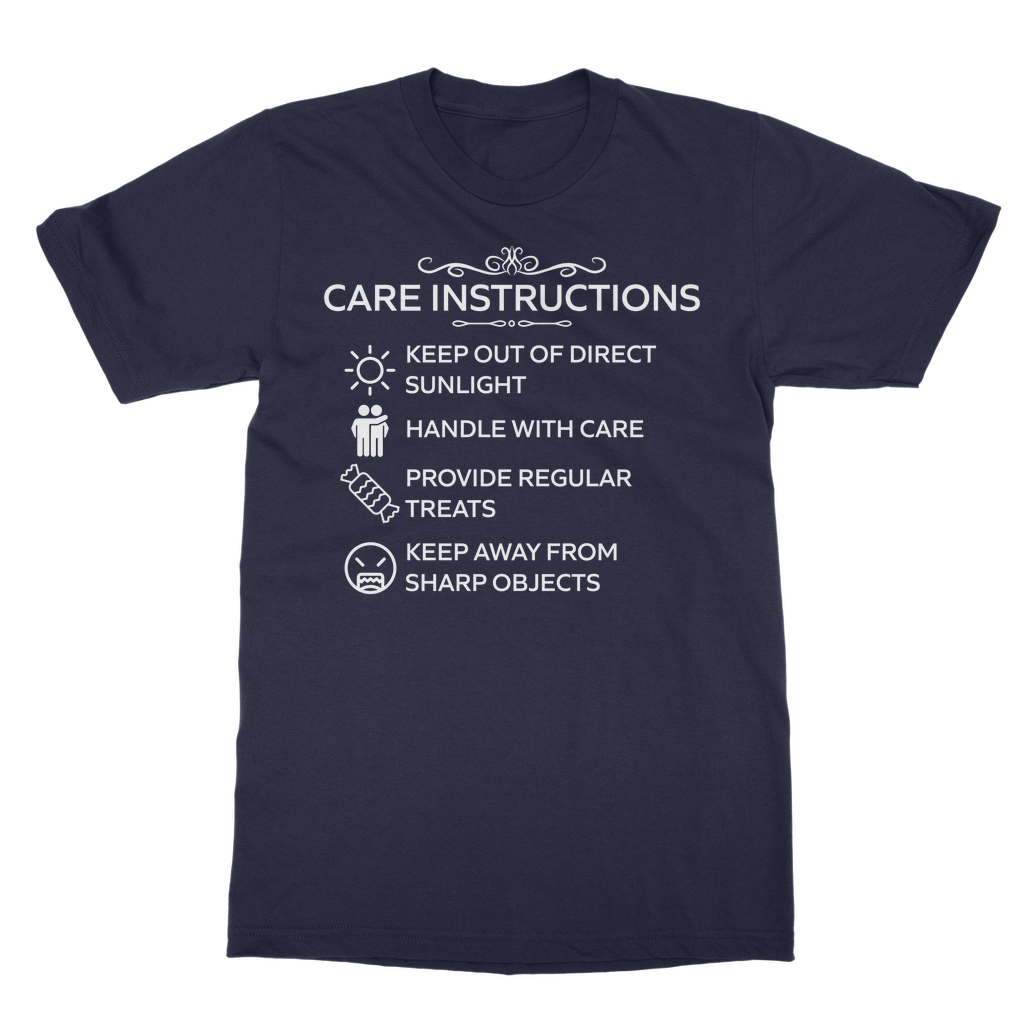 Navy unisex tee with funny care label style print