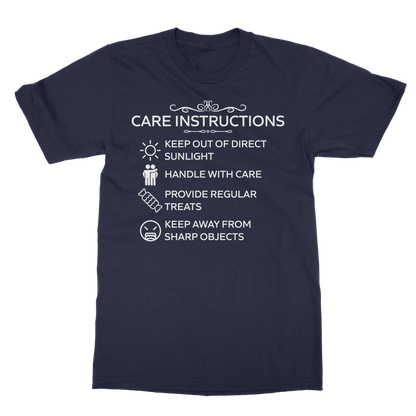Navy unisex tee with funny care label style print