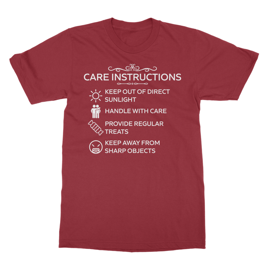 Red unisex tee with funny care label style print