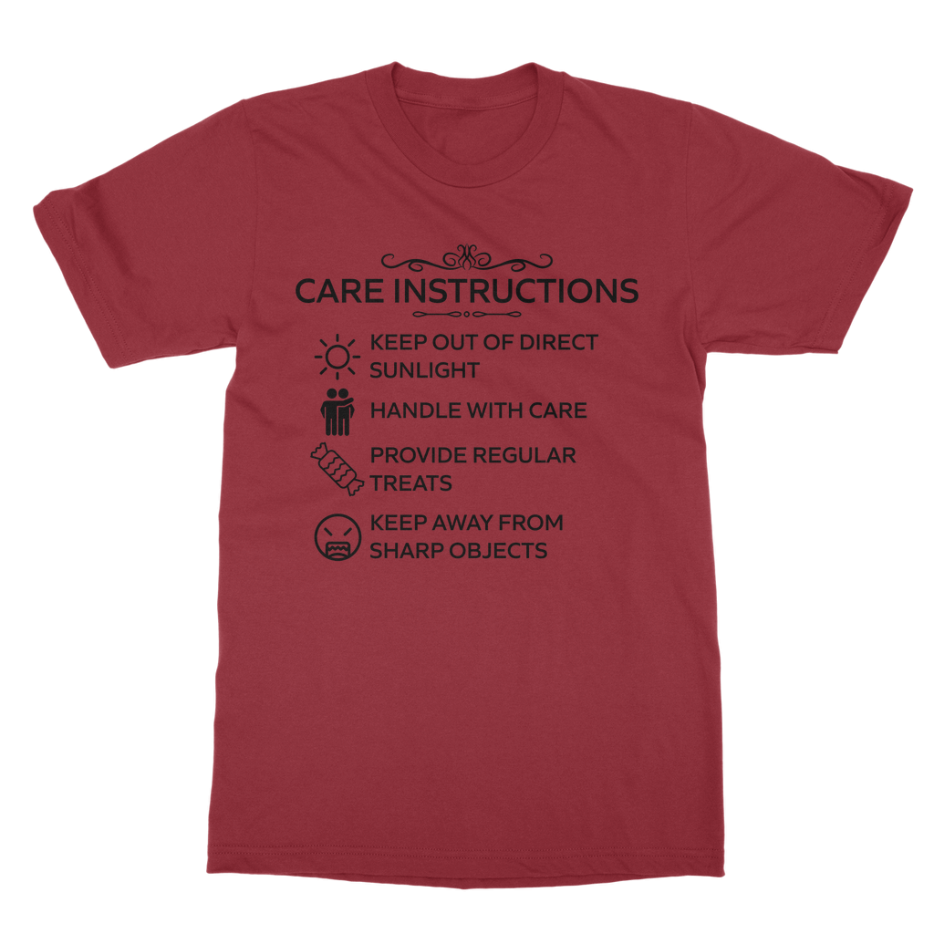 Funny Red gothic “Care Instructions” unisex tee design by Kate