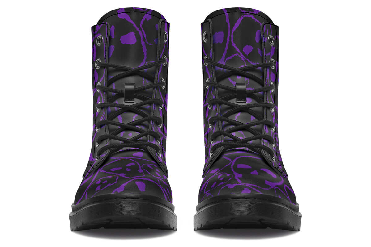 Front of purple skull artwork on Gothic boots