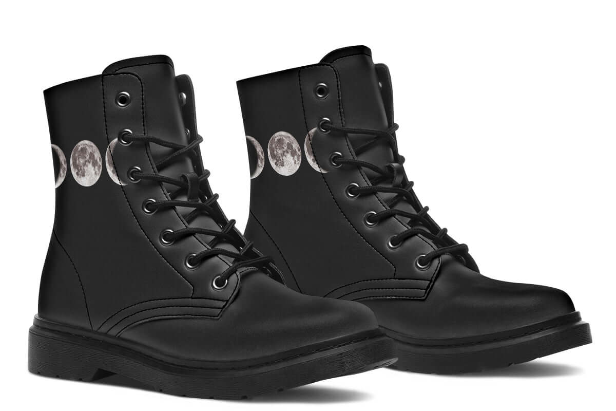Side view of Gothic Attitude vegan leather boots with Triple Goddess moon phase design