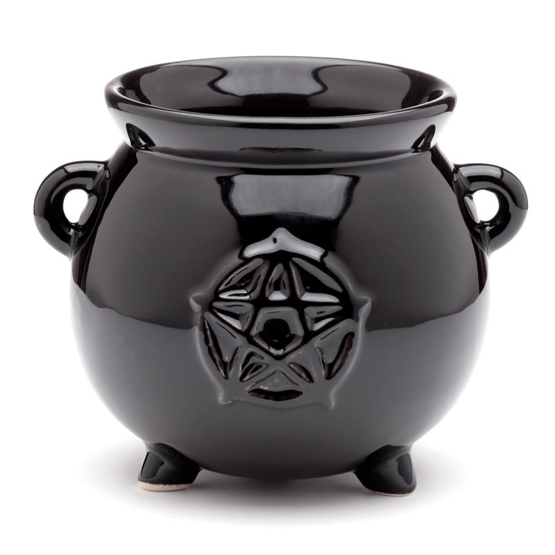 Gothic Gifts black ceramic cauldron plant pot side view with decorative pentagram