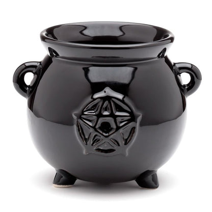 Gothic Gifts black ceramic cauldron plant pot side view with decorative pentagram