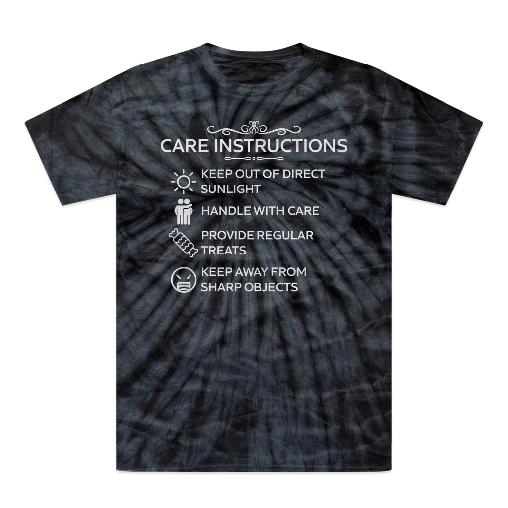 Black tie-dye tee featuring humorous white artwork by Kate