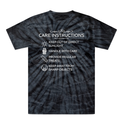 Black tie-dye tee featuring humorous white artwork by Kate