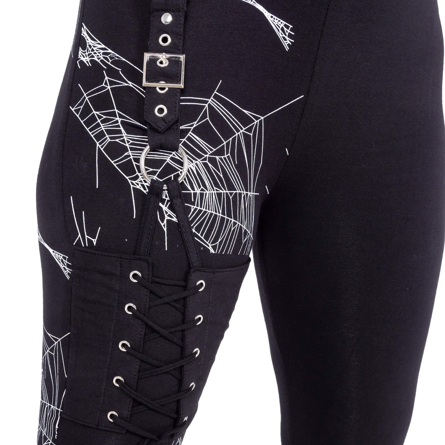 Heartless Arhana spiderweb leggings close up white spiderweb print lace up buckle detail