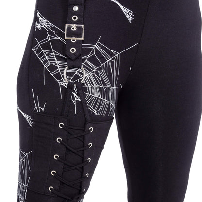 Heartless Arhana spiderweb leggings close up white spiderweb print lace up buckle detail
