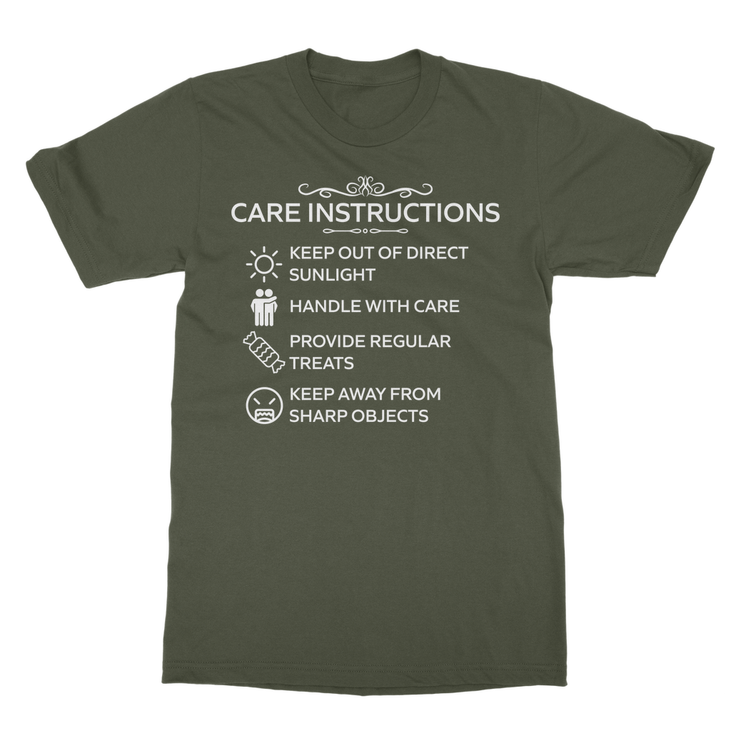 White print t-shirt with cheeky self-care instructions