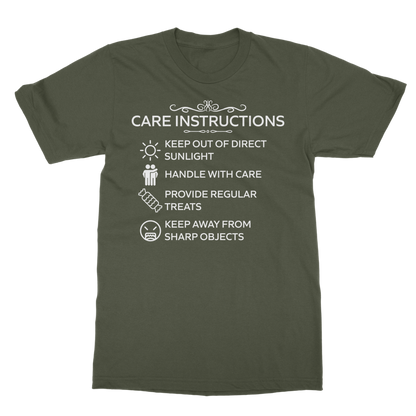 White print t-shirt with cheeky self-care instructions