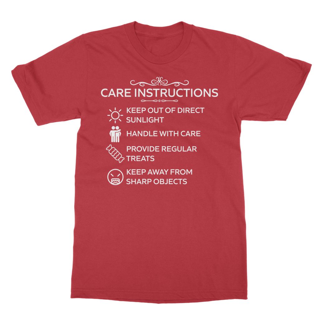 White print t-shirt with cheeky self-care instructions in red
