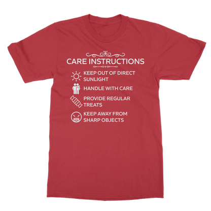 White print t-shirt with cheeky self-care instructions in red