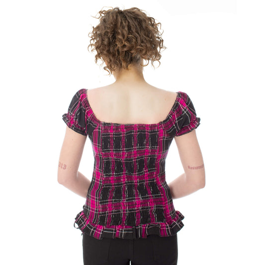 Heartless Hemlock Top – Ladies Dark Pink Check Gothic Corset Top