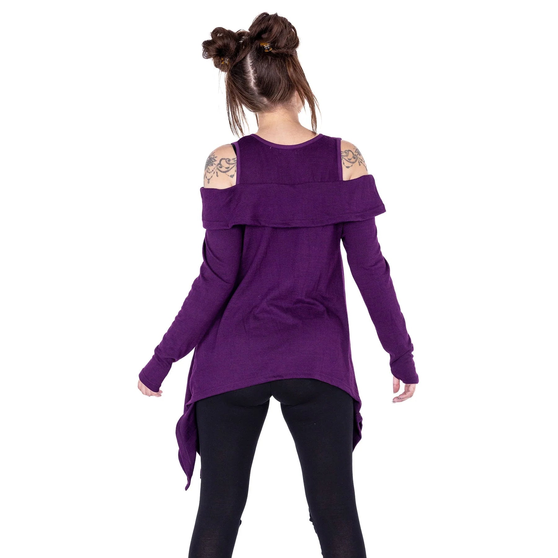Innocent Lifestyle Karasi purple off shoulder top front view long sleeve alternative fashion top