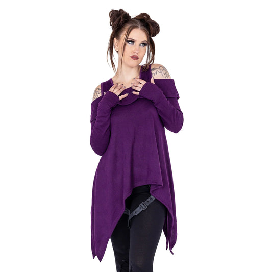 Innocent Lifestyle Karasi purple top off shoulder long sleeve casual alternative fashion top worn on model