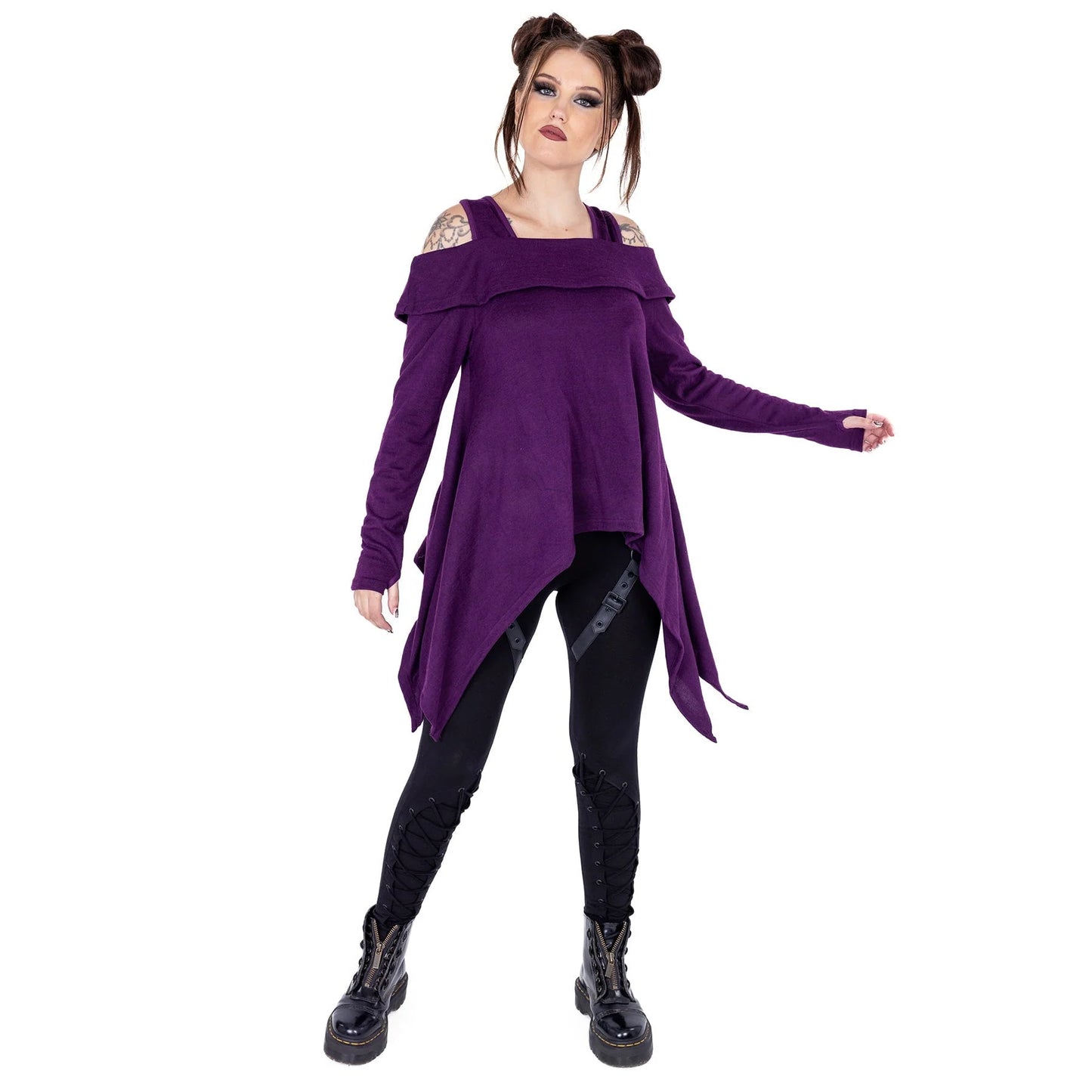 Innocent Lifestyle Karasi purple top styled on model long sleeve off shoulder casual top