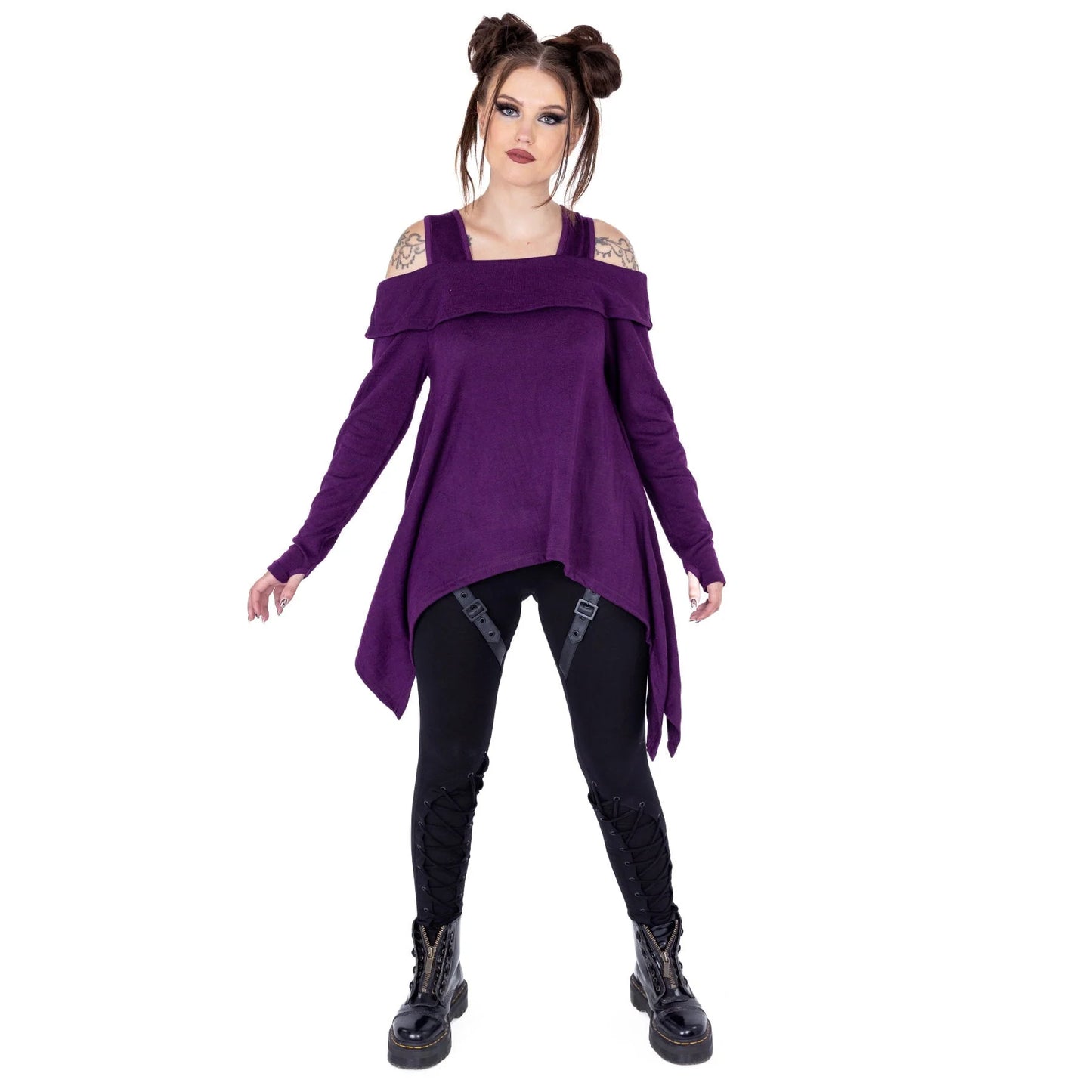 Innocent Lifestyle Karasi purple off shoulder top worn on model casual alternative fashion outfit