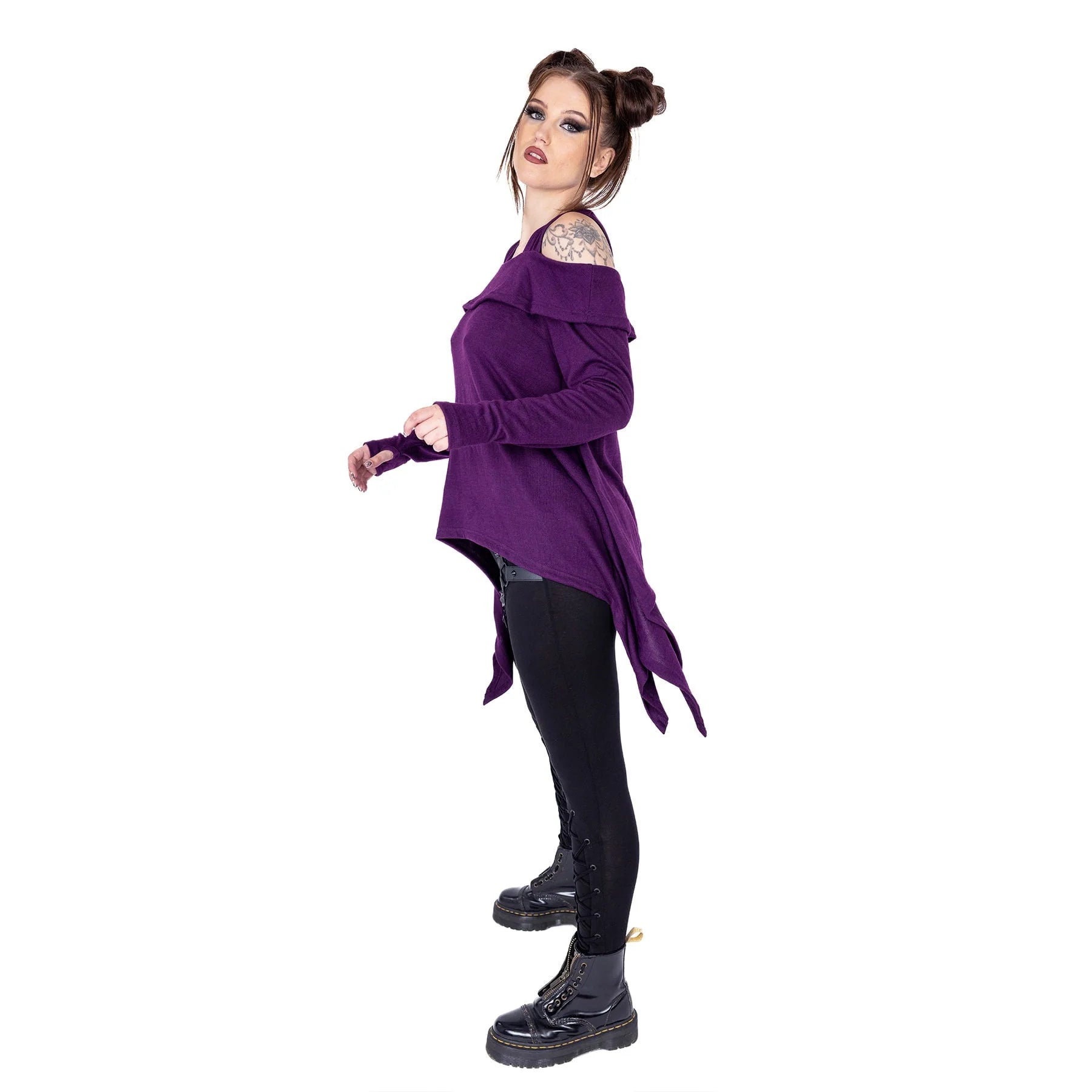 Innocent Lifestyle Karasi purple top worn on model casual alternative outfit with off shoulder design