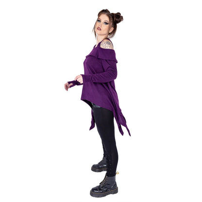 Innocent Lifestyle Karasi purple top worn on model casual alternative outfit with off shoulder design