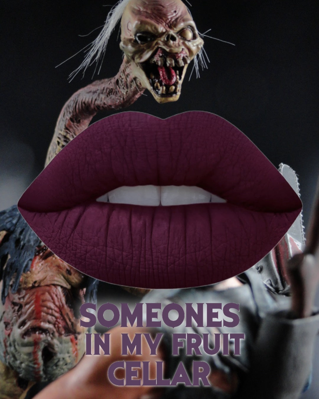 Gothic Lipstick in rich berry shade 'Someone's In My Fruit Cellar' against a darkly themed background.