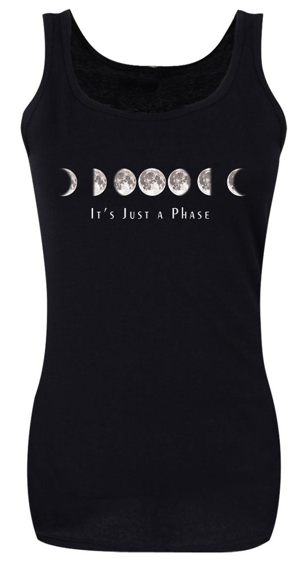 Black vest top with moon phases and 'It’s Just a Phase' slogan