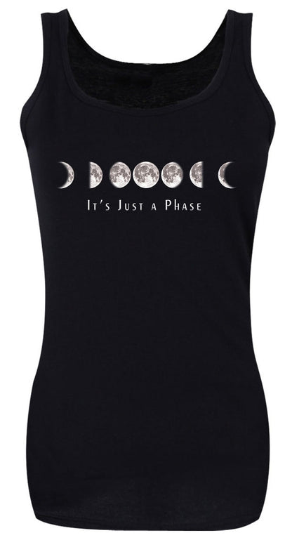 Black vest top with moon phases and 'It’s Just a Phase' slogan