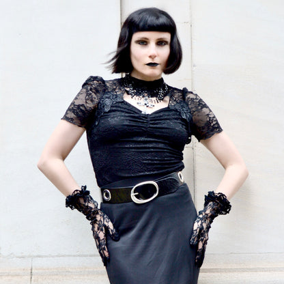 Punk Rave Selene Floral Lace Shirt - Gothic High Neck Puff Sleeve Top