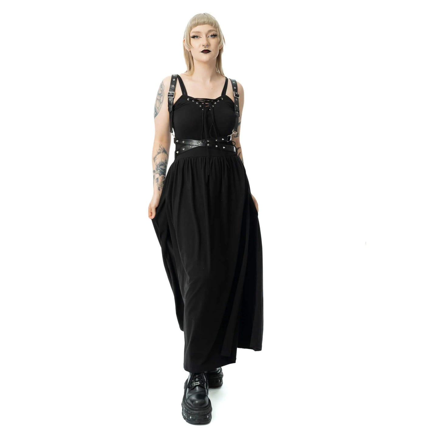 Vixxsin Junia Maxi Dress Black worn by model, showcasing its gothic elegance and flowing silhouette.