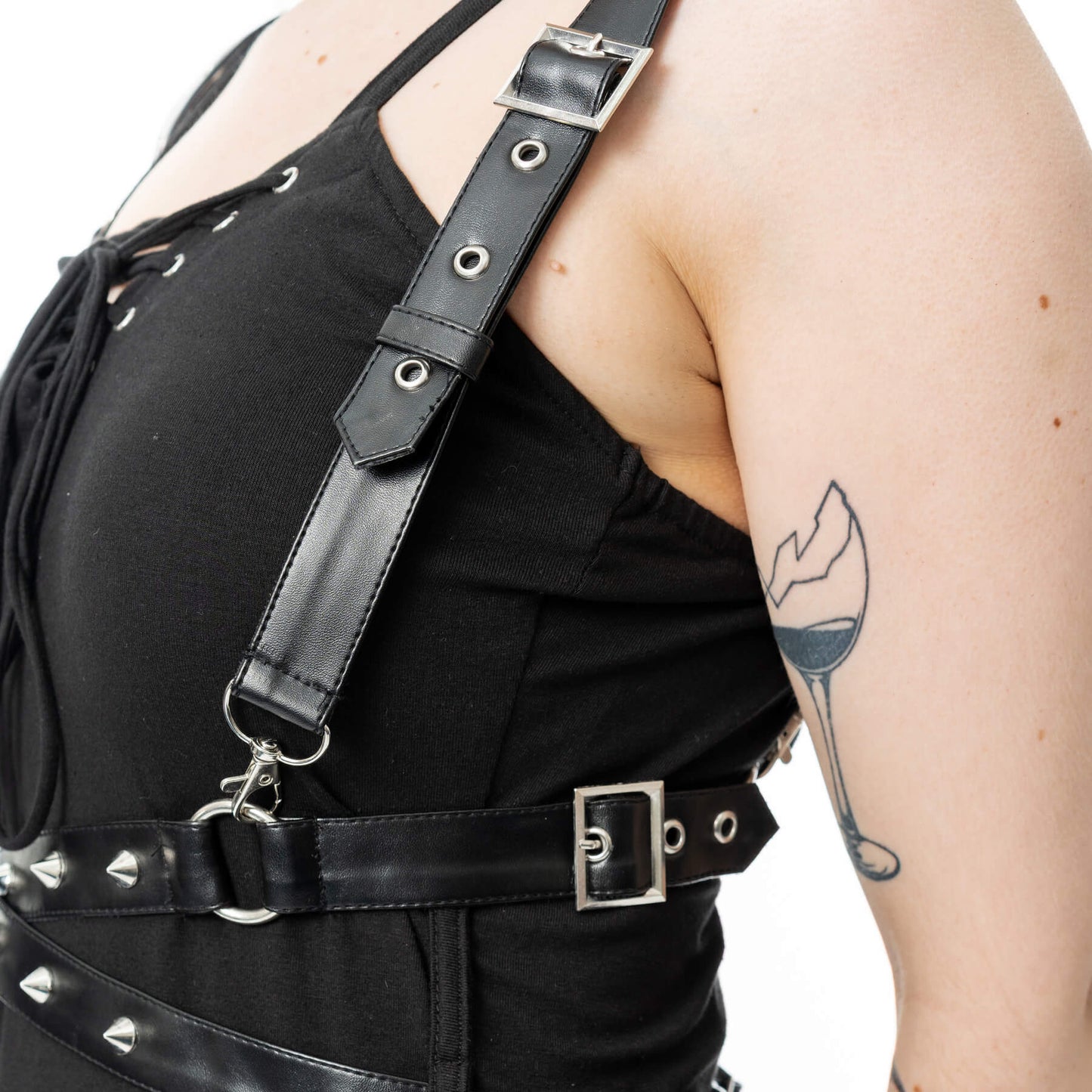 Vixxsin Junia Maxi Dress Black detail featuring structured straps and gothic edge accenting the flowing silhouette.