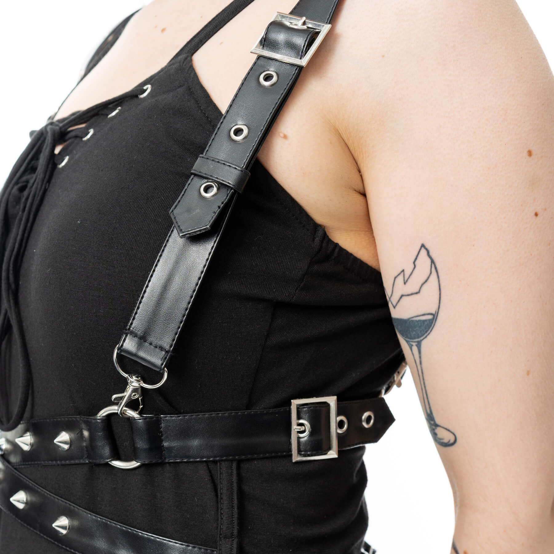 Vixxsin Junia Maxi Dress Black detail featuring structured straps and gothic edge accenting the flowing silhouette.