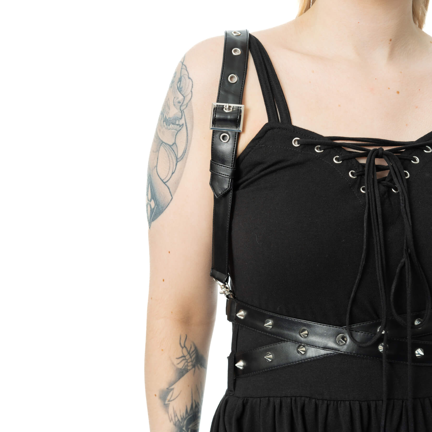 Detail of the Vixxsin Junia Maxi Dress Black featuring structured straps and studded belt design.