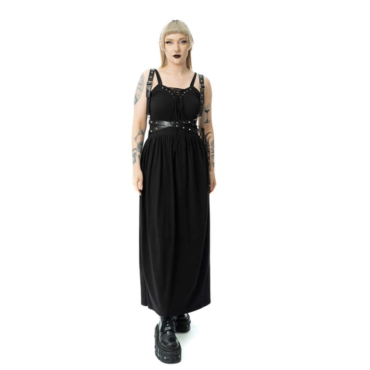 Model wearing Vixxsin Junia Maxi Dress Black, showcasing dark elegance and gothic style.