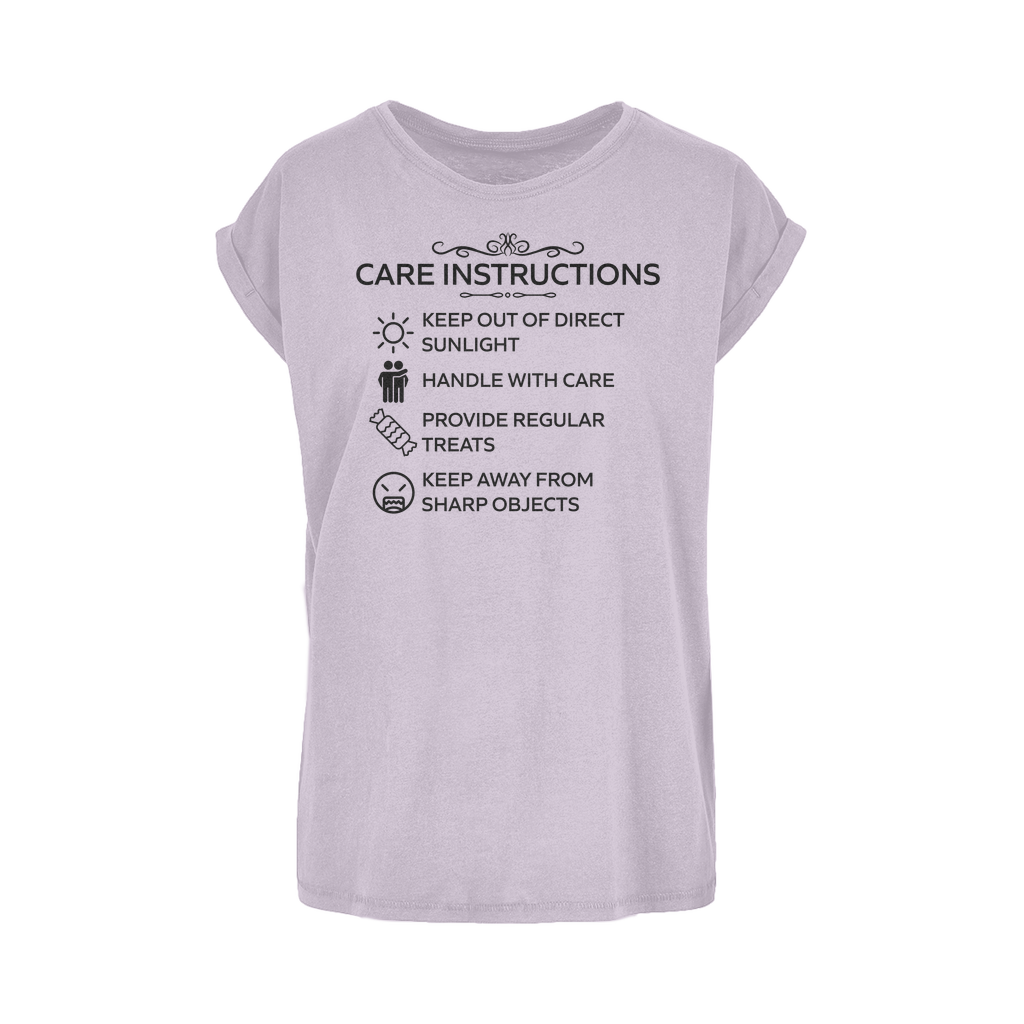 Loose fit women's tee featuring funny care label design by Kate