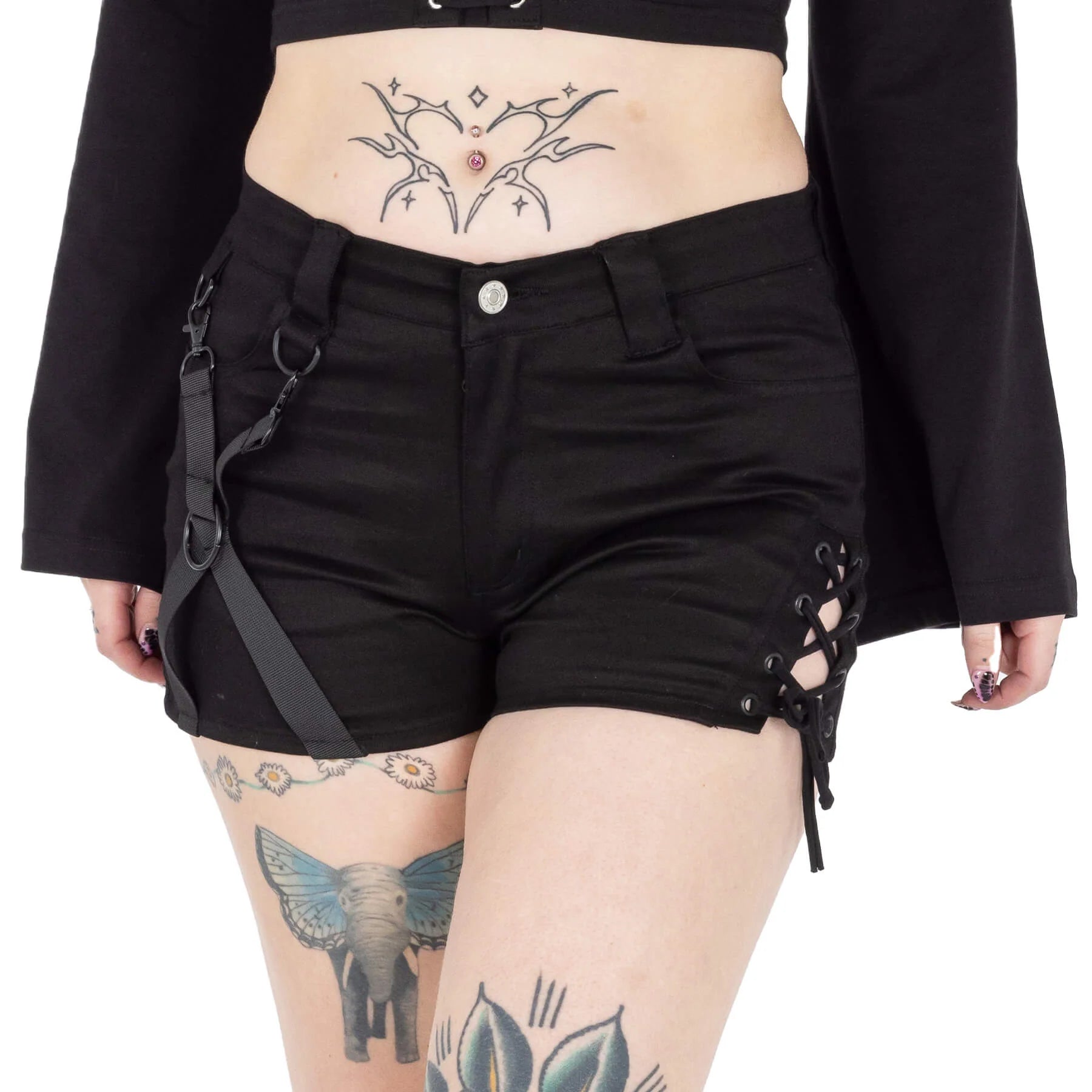 Chemical Black Kindra Shorts with Lace Up and Straps Features - Kate's Clothing