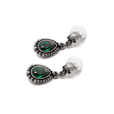 Skull Earrings with green crystal dangle design, handcrafted in pewter, adding gothic elegance to any outfit.