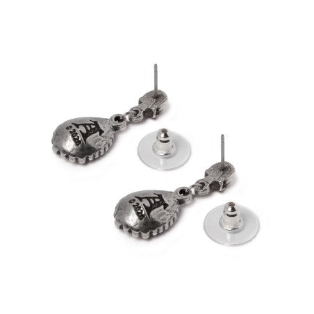 Skull Earrings with green crystal dangle detail, handcrafted in English pewter, gothic style jewelry.