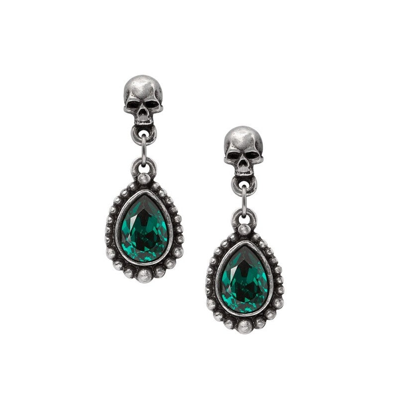 Skull Earrings with green crystal dangles from Alchemy Gothic, featuring handcrafted English pewter and gothic elegance.