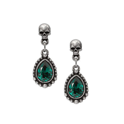 Skull Earrings with green crystal dangles from Alchemy Gothic, featuring handcrafted English pewter and gothic elegance.