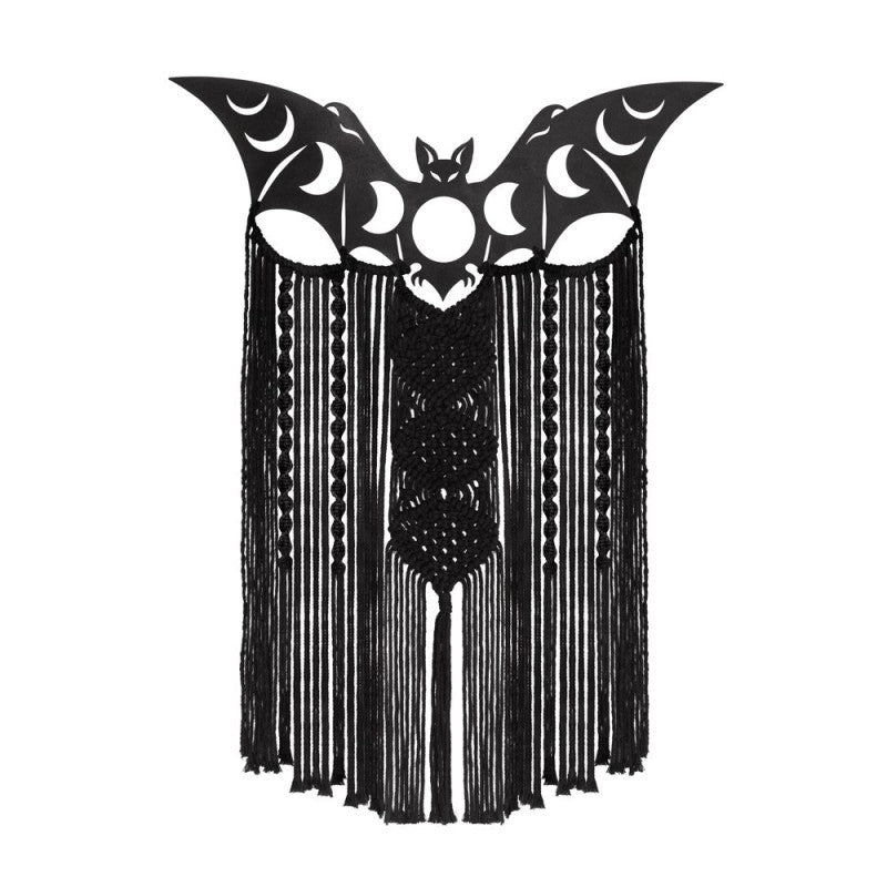 Bat Wall Hanging Gothic Macrame Triple Moon Decor featuring a bat silhouette and fringes for mystical wall decor.