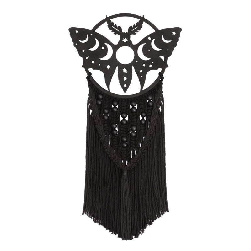 Lunar Moth Wall Hanging handcrafted macrame decor with lunar and star motifs, featuring black poplar wood beads.