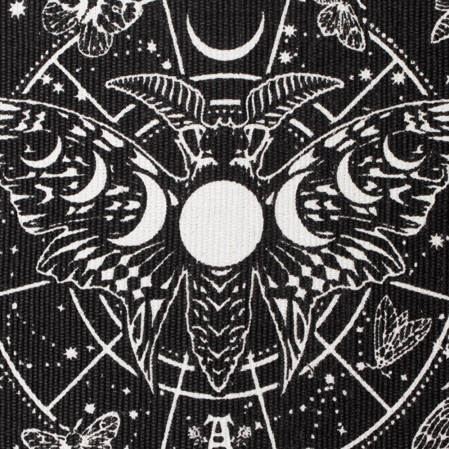 Lunar Moth Rug featuring a luna moth with moon phases and intricate celestial designs.