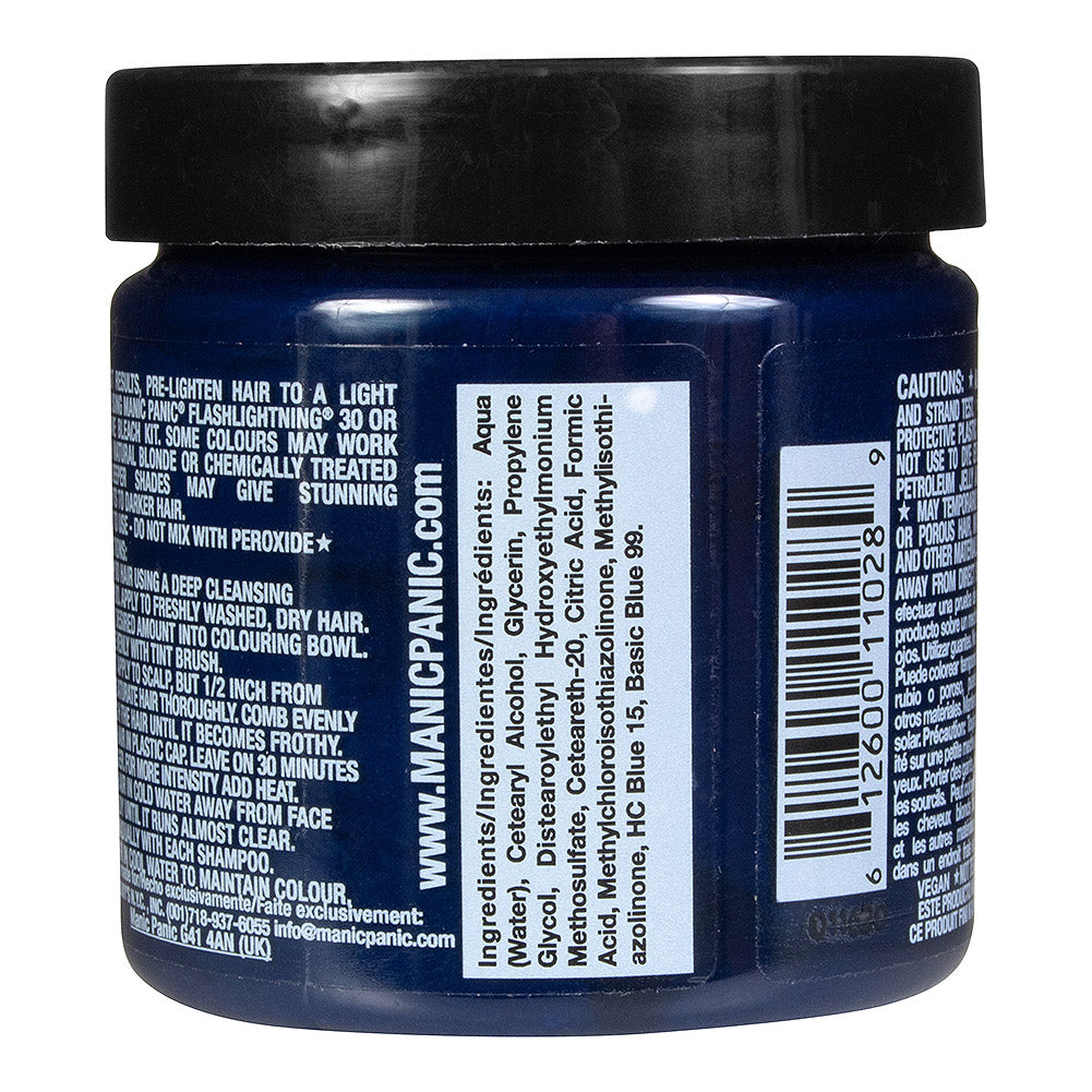 Manic Panic Shocking Blue jar back - blue semi permanent hair dye 118ml vegan ingredients