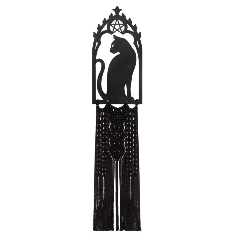 Black Cat Wall Hanging featuring a silhouetted feline in a gothic-style frame with intricate macrame details.