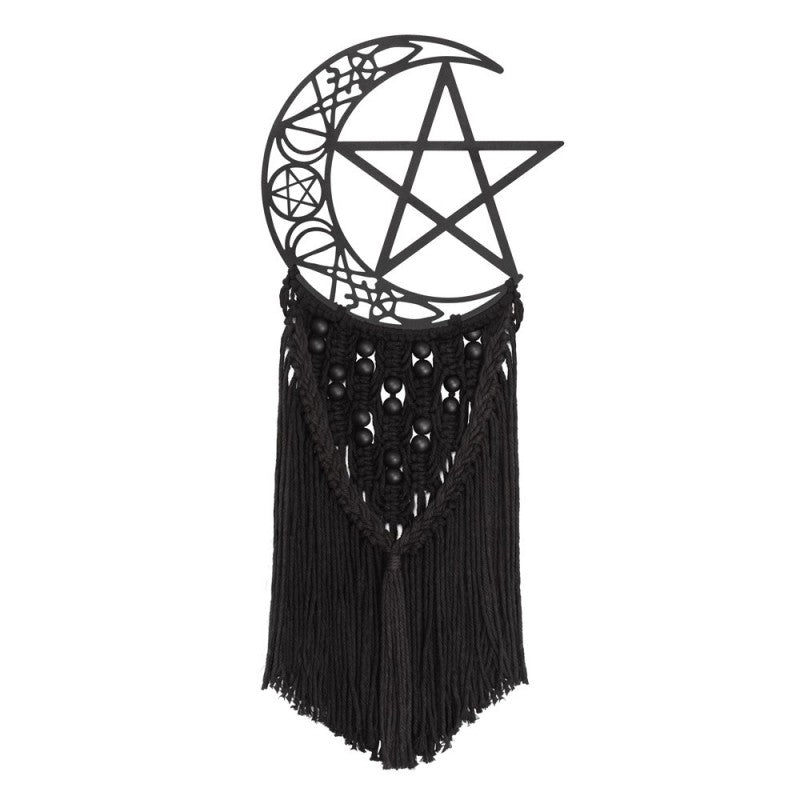 Crescent Moon Wall Hanging in black macrame with pentagram and intricate sigils for gothic decor.