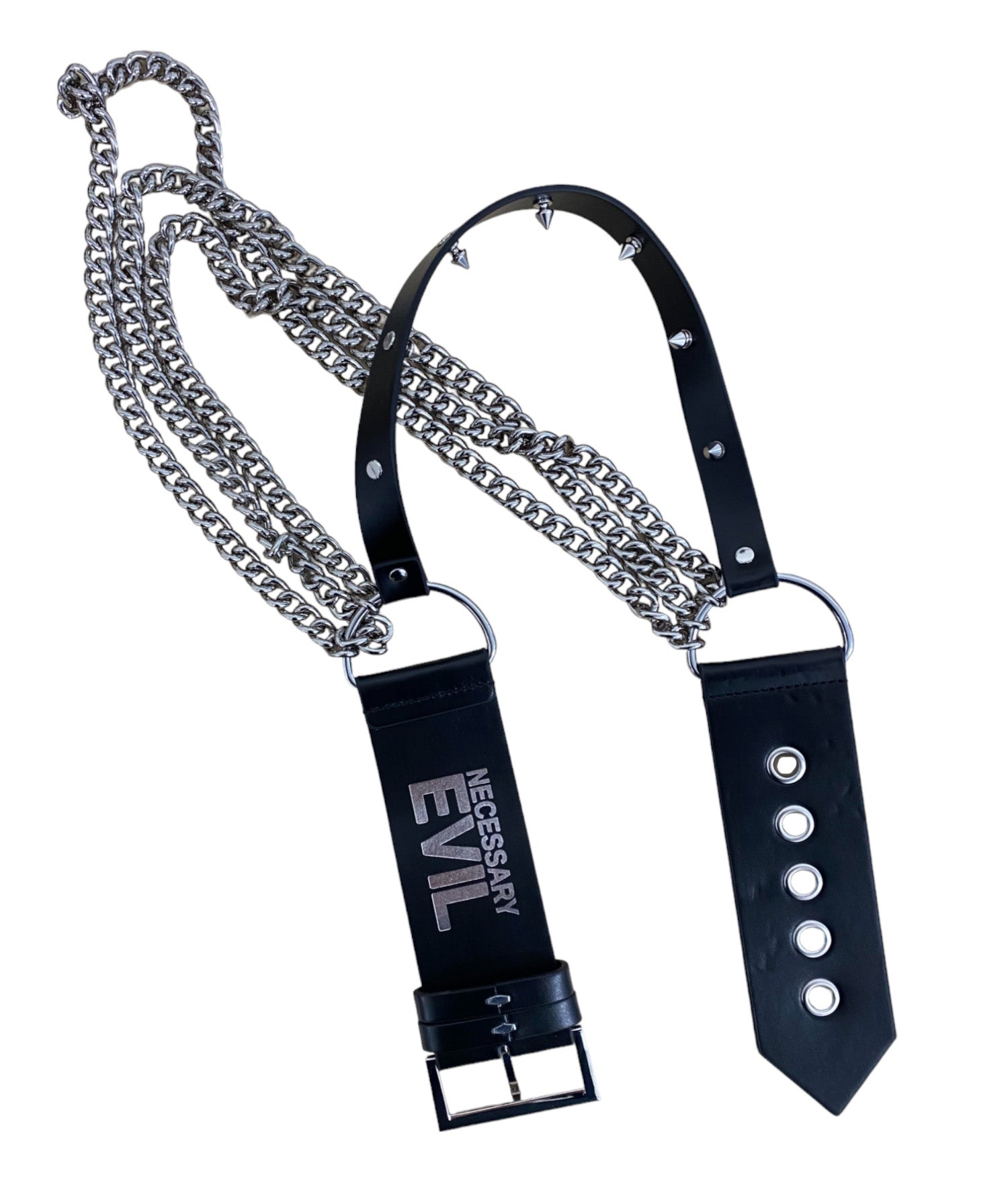 Necessary Evil Nyx asymmetric chain belt back view with buckle and layered silver chains punk waist belt