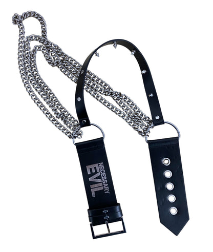 Necessary Evil Nyx asymmetric chain belt back view with buckle and layered silver chains punk waist belt