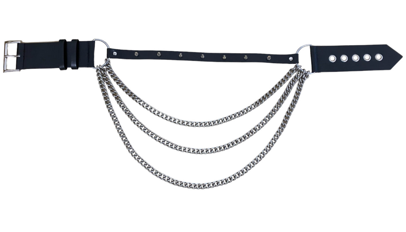 Necessary Evil Nyx asymmetric chain belt flat lay showing triple silver chains gothic punk waist belt accessory