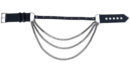 Necessary Evil Nyx asymmetric chain belt flat lay showing triple silver chains gothic punk waist belt accessory
