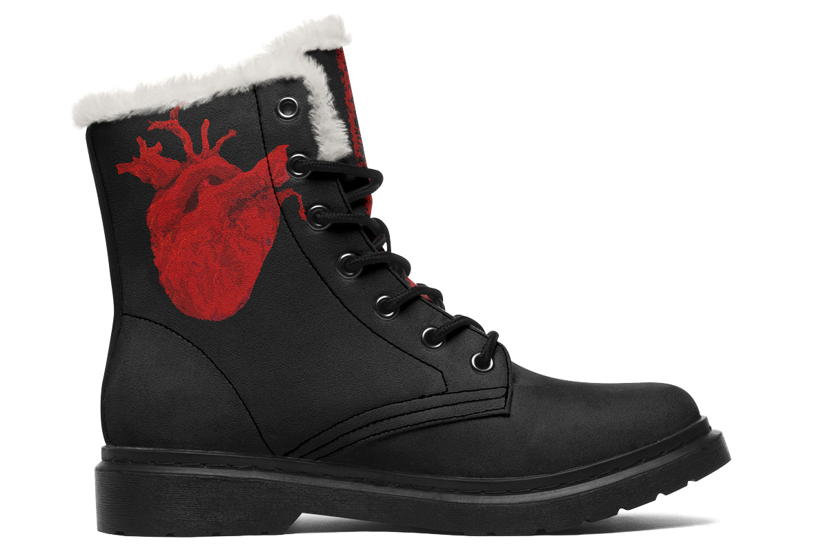 Black vegan boots with red heart artwork