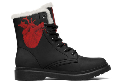 Black vegan boots with red heart artwork
